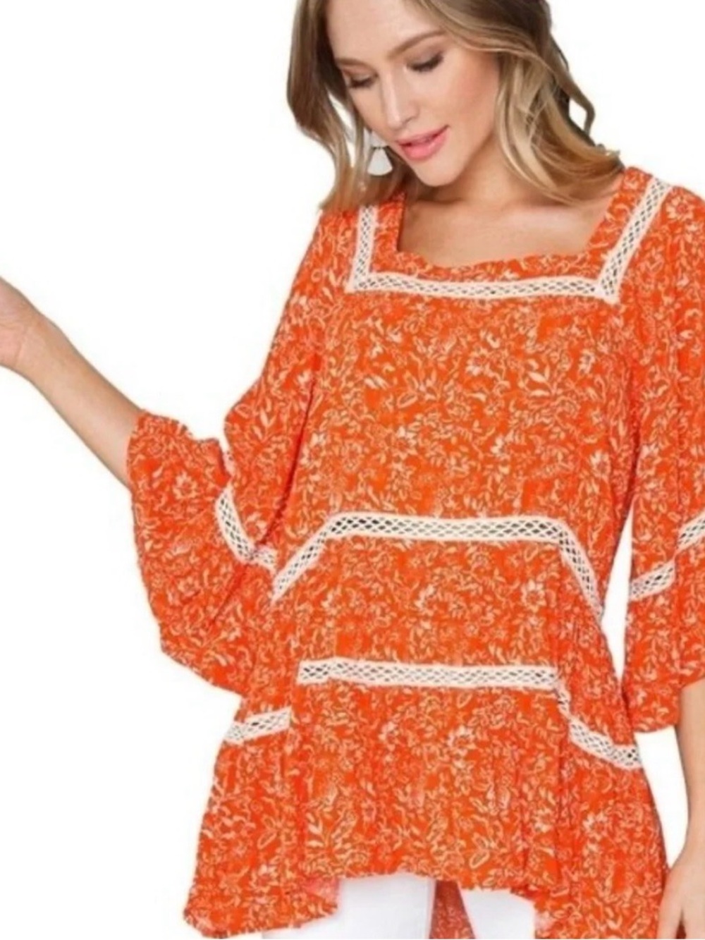 FREE PEOPLE Talk About It Tunic Top Blouse Medium Boho Western Flowy Orange